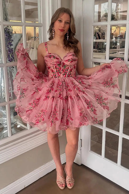 Elegant Pink Sweetheart A-Line Homecoming Dress with Printed HM042