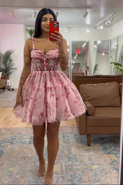 Elegant Pink Sweetheart A-Line Homecoming Dress with Printed HM042