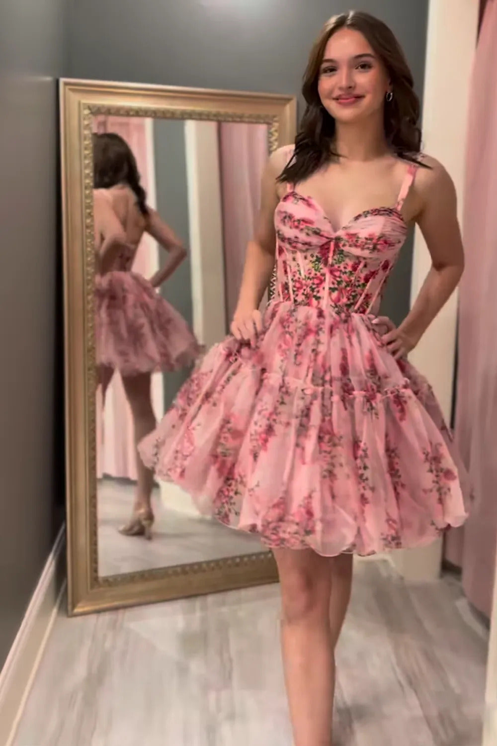 Elegant Pink Sweetheart A-Line Homecoming Dress with Printed HM042