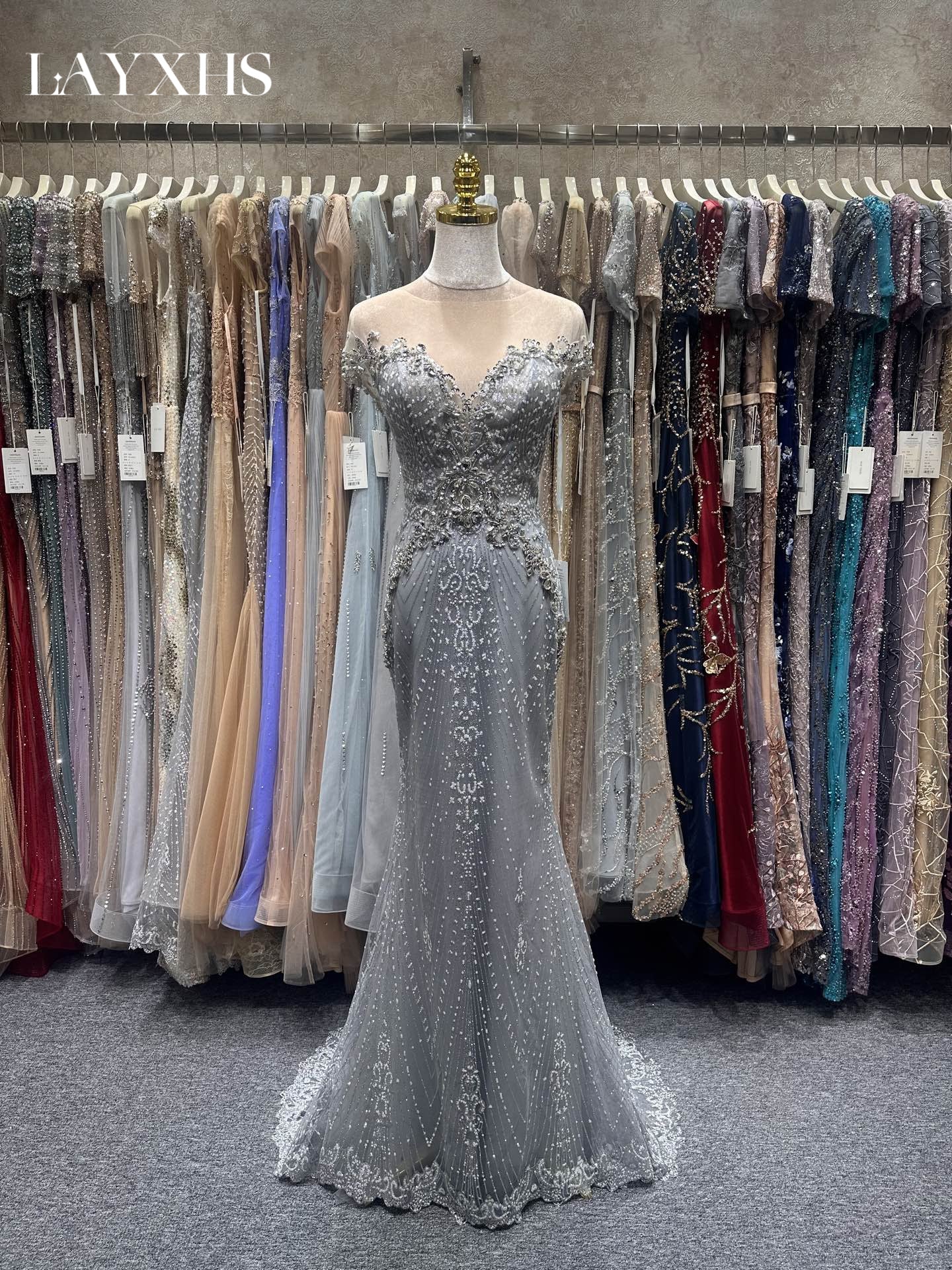 Luxury Grey Beaded Short Sleeves Mermaid Evening Dress with Pearls LP034