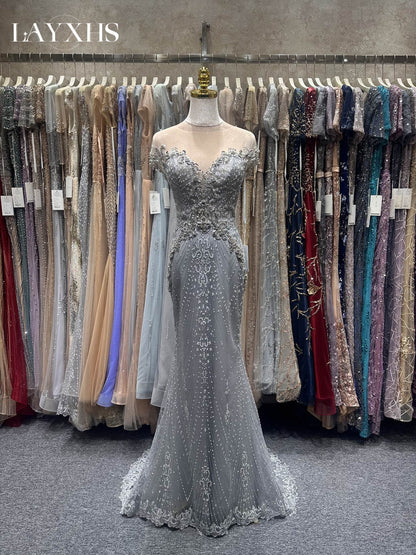 Luxury Grey Beaded Short Sleeves Mermaid Evening Dress with Pearls LP034