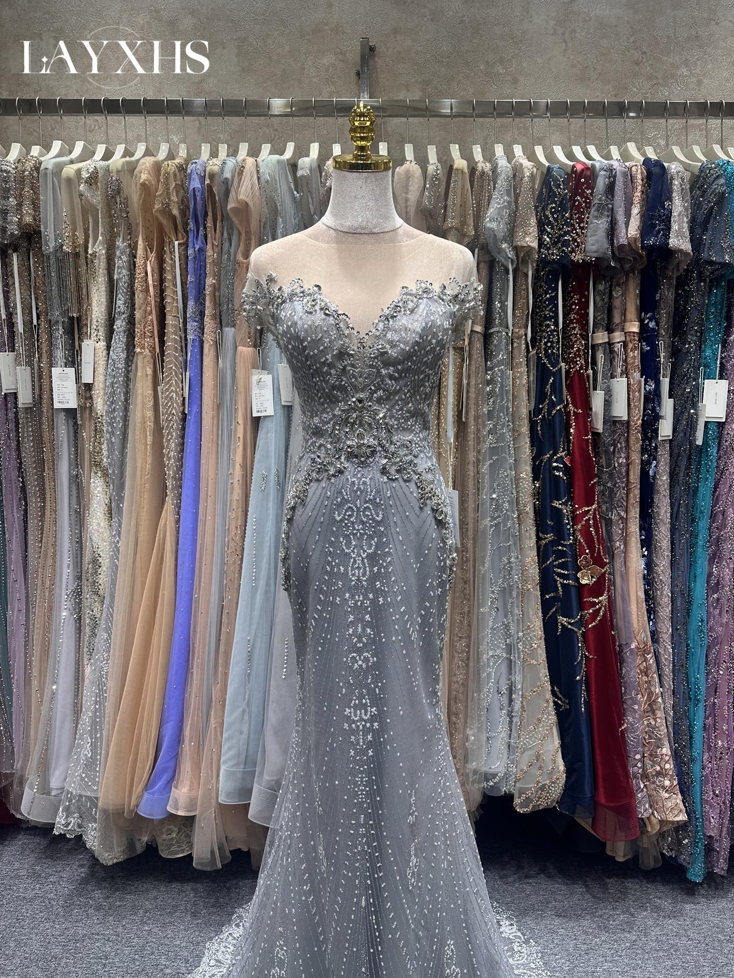 Luxury Grey Beaded Short Sleeves Mermaid Evening Dress with Pearls LP034