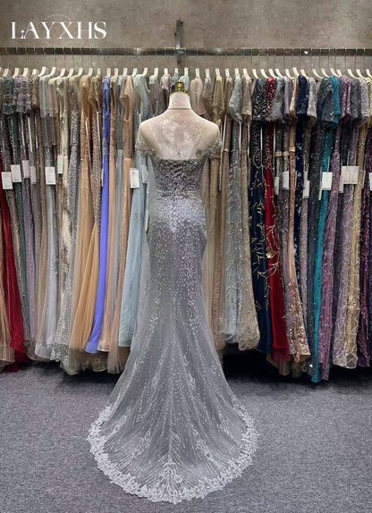 Luxury Grey Beaded Short Sleeves Mermaid Evening Dress with Pearls LP034