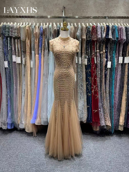 Luxury Champagne Beaded Short Sleeves Mermaid Evening Dress LP036