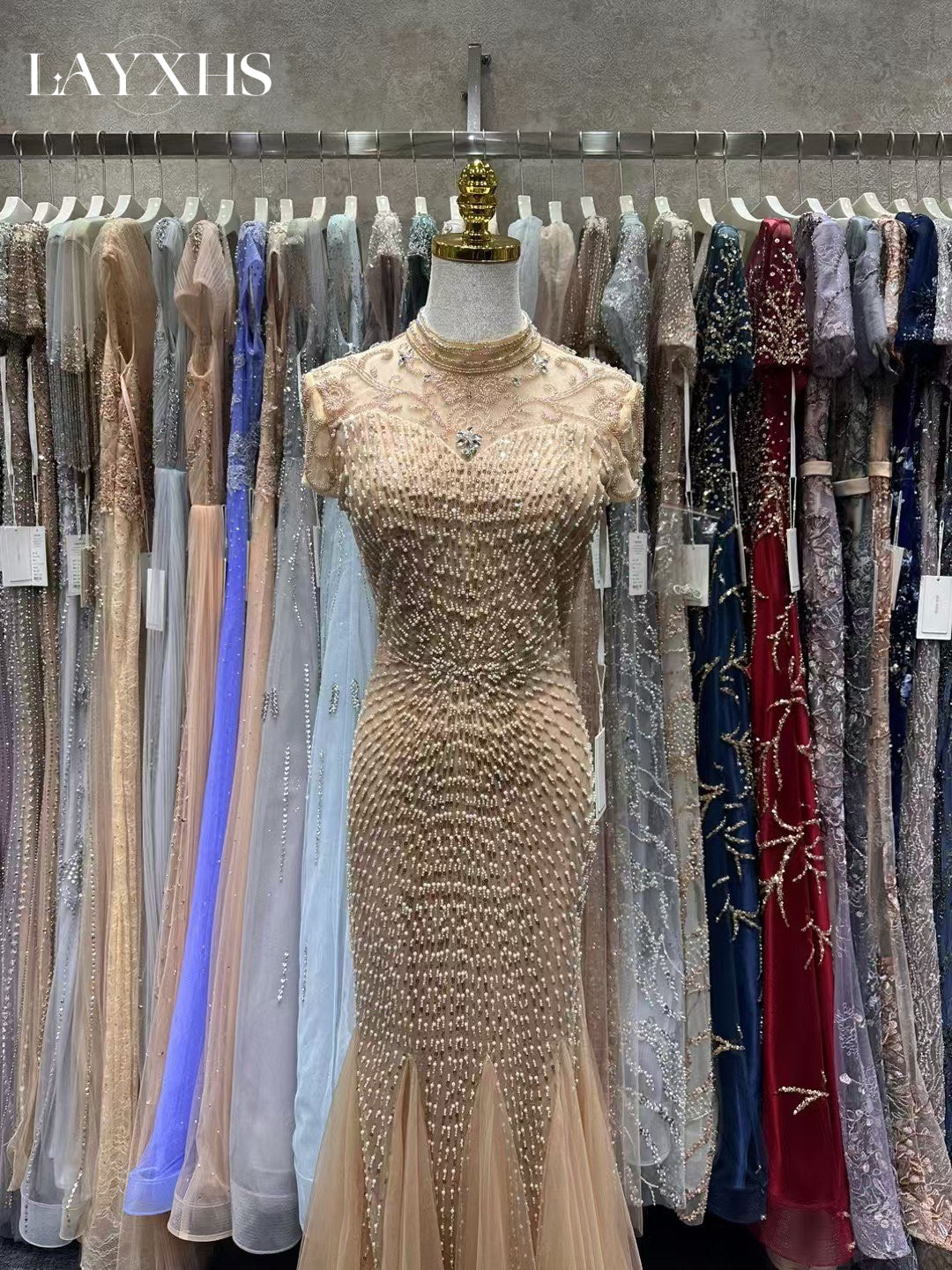 Luxury Champagne Beaded Short Sleeves Mermaid Evening Dress LP036