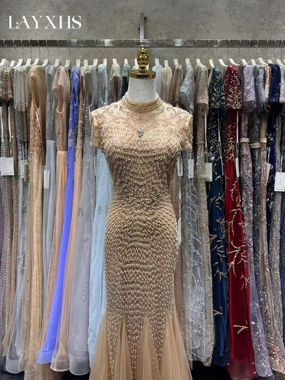 Luxury Champagne Beaded Short Sleeves Mermaid Evening Dress LP036