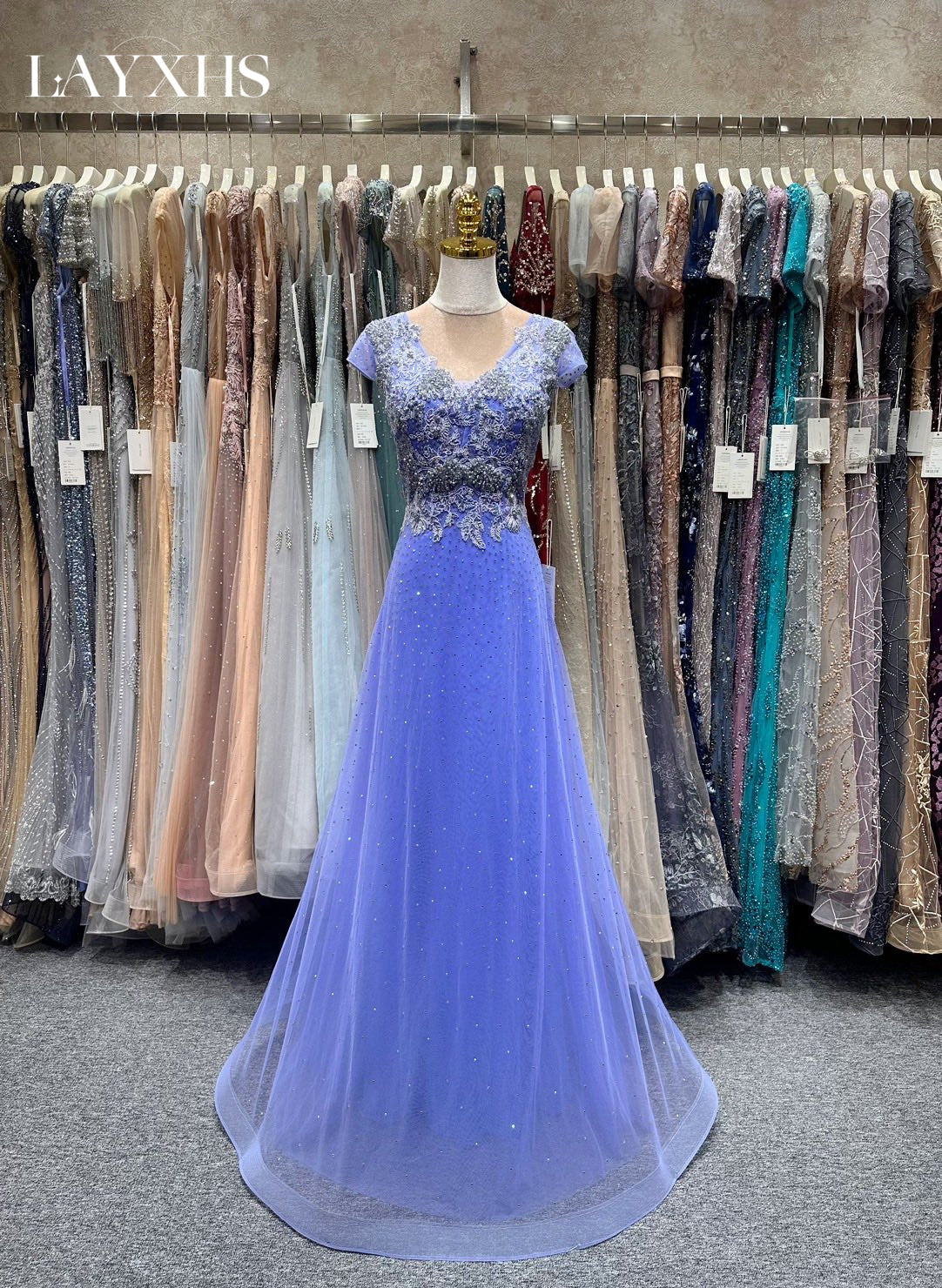 Elegant Beaded Blue A-Line Lace Evening Prom Dress with Appliques LP035