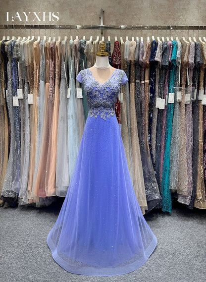 Elegant Beaded Blue A-Line Lace Evening Prom Dress with Appliques LP035