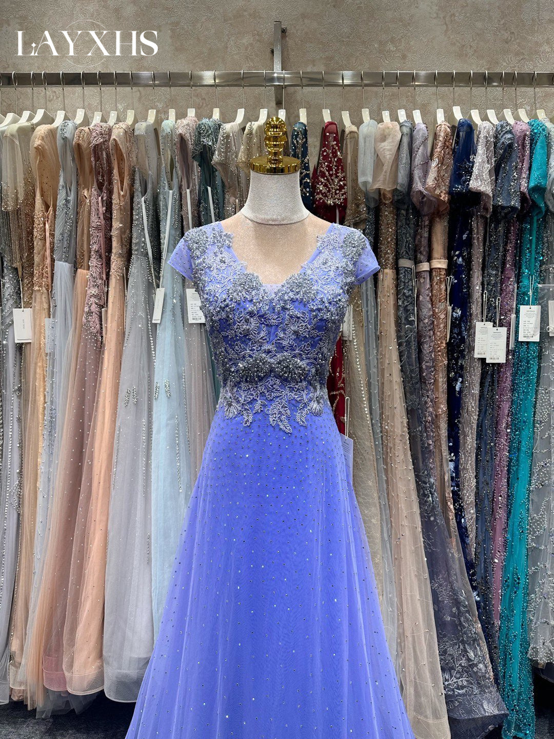 Elegant Beaded Blue A-Line Lace Evening Prom Dress with Appliques LP035