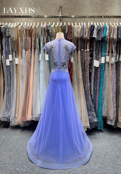 Elegant Beaded Blue A-Line Lace Evening Prom Dress with Appliques LP035