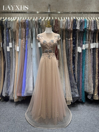 Elegant Beaded Champagne A-Line Pleated Lace Evening Dress LP037