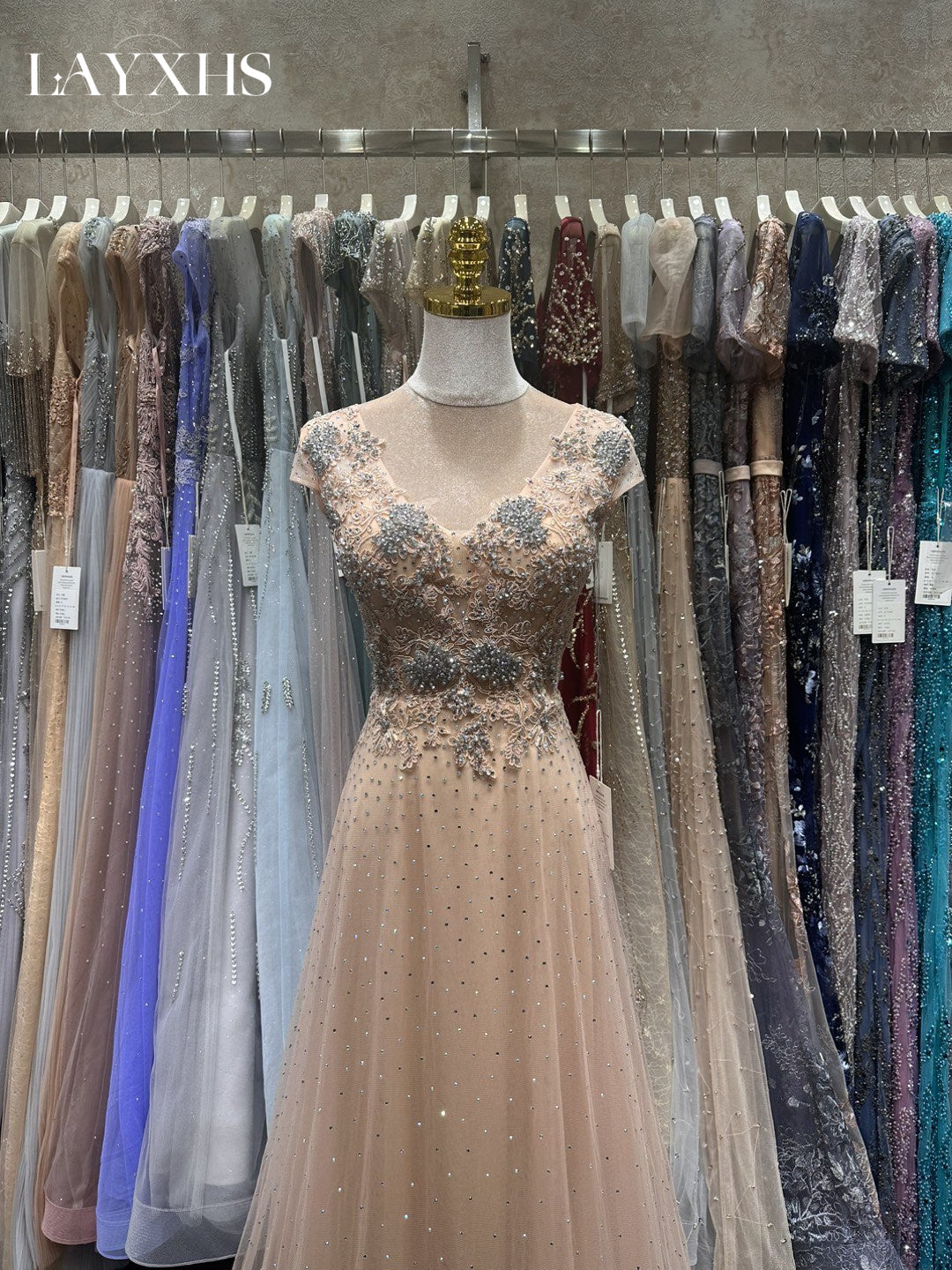 Elegant Beaded Champagne A-Line Pleated Lace Evening Dress LP037