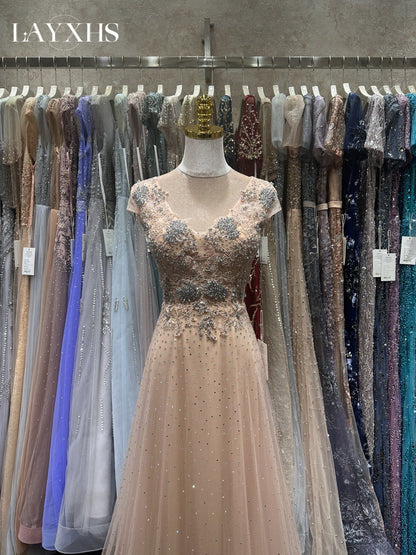 Elegant Beaded Champagne A-Line Pleated Lace Evening Dress LP037