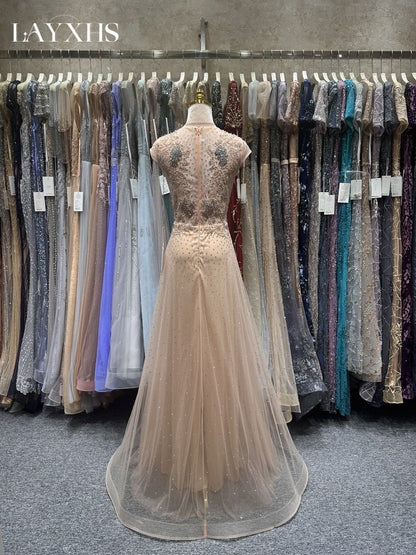 Elegant Beaded Champagne A-Line Pleated Lace Evening Dress LP037