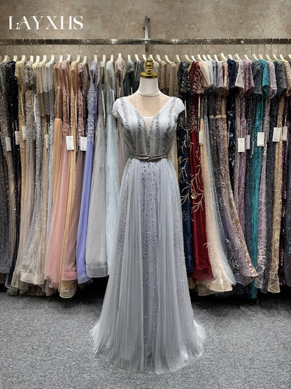 Classic Grey Short Sleeves A-Line V-Neck Sequined Lace Evening Dress LP038