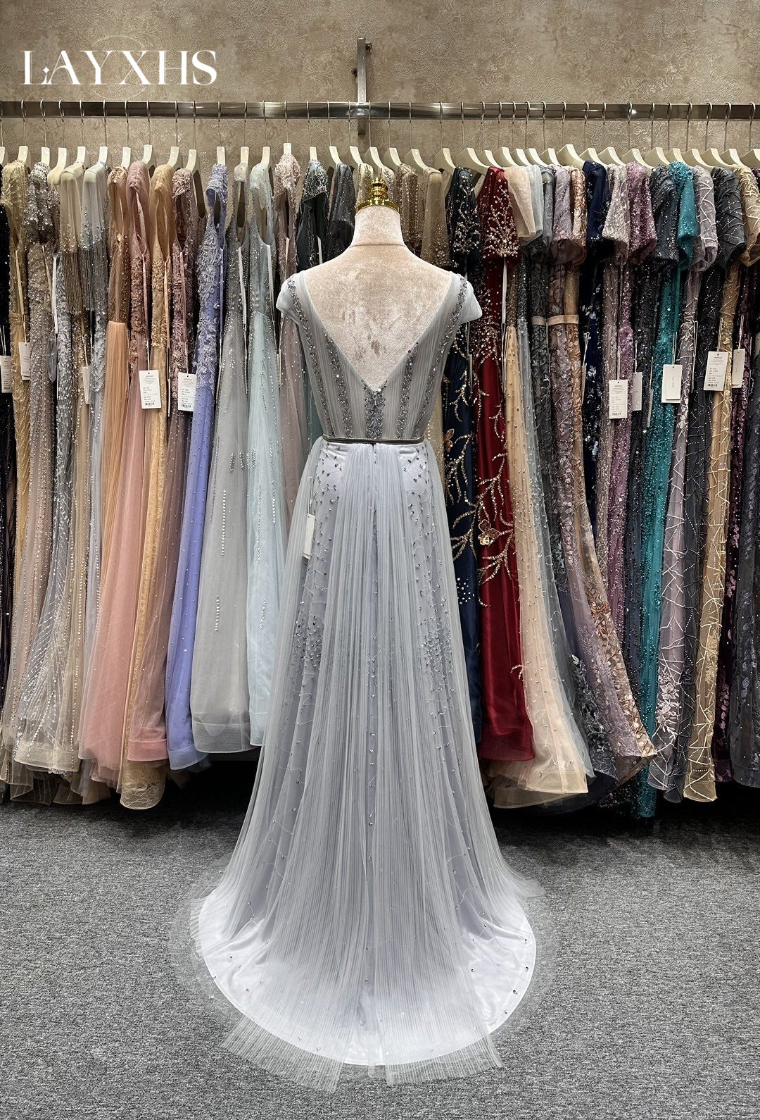 Classic Grey Short Sleeves A-Line V-Neck Sequined Lace Evening Dress LP038