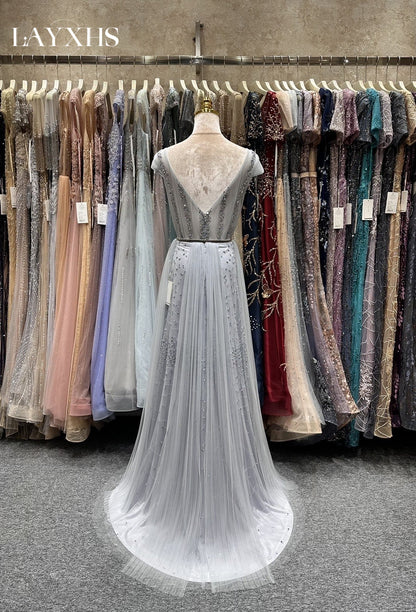 Classic Grey Short Sleeves A-Line V-Neck Sequined Lace Evening Dress LP038