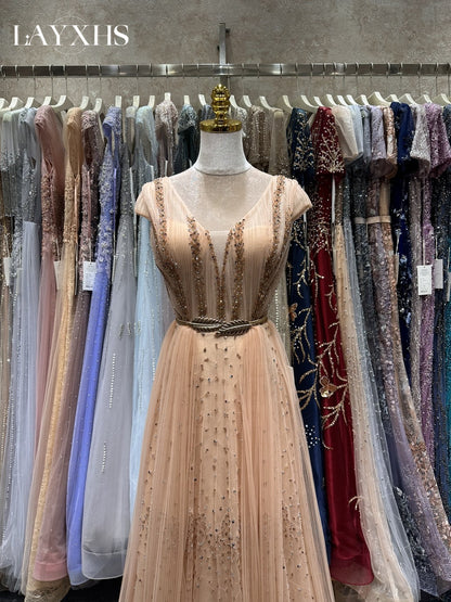 Classic Grey Short Sleeves A-Line V-Neck Sequined Lace Evening Dress LP038