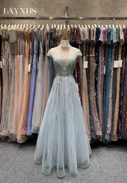 Luxury Grey Blue Beaded Scoop Neck A-Line Cap Sleeves Lace Evening Dress LP040