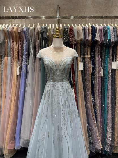 Luxury Grey Blue Beaded Scoop Neck A-Line Cap Sleeves Lace Evening Dress LP040