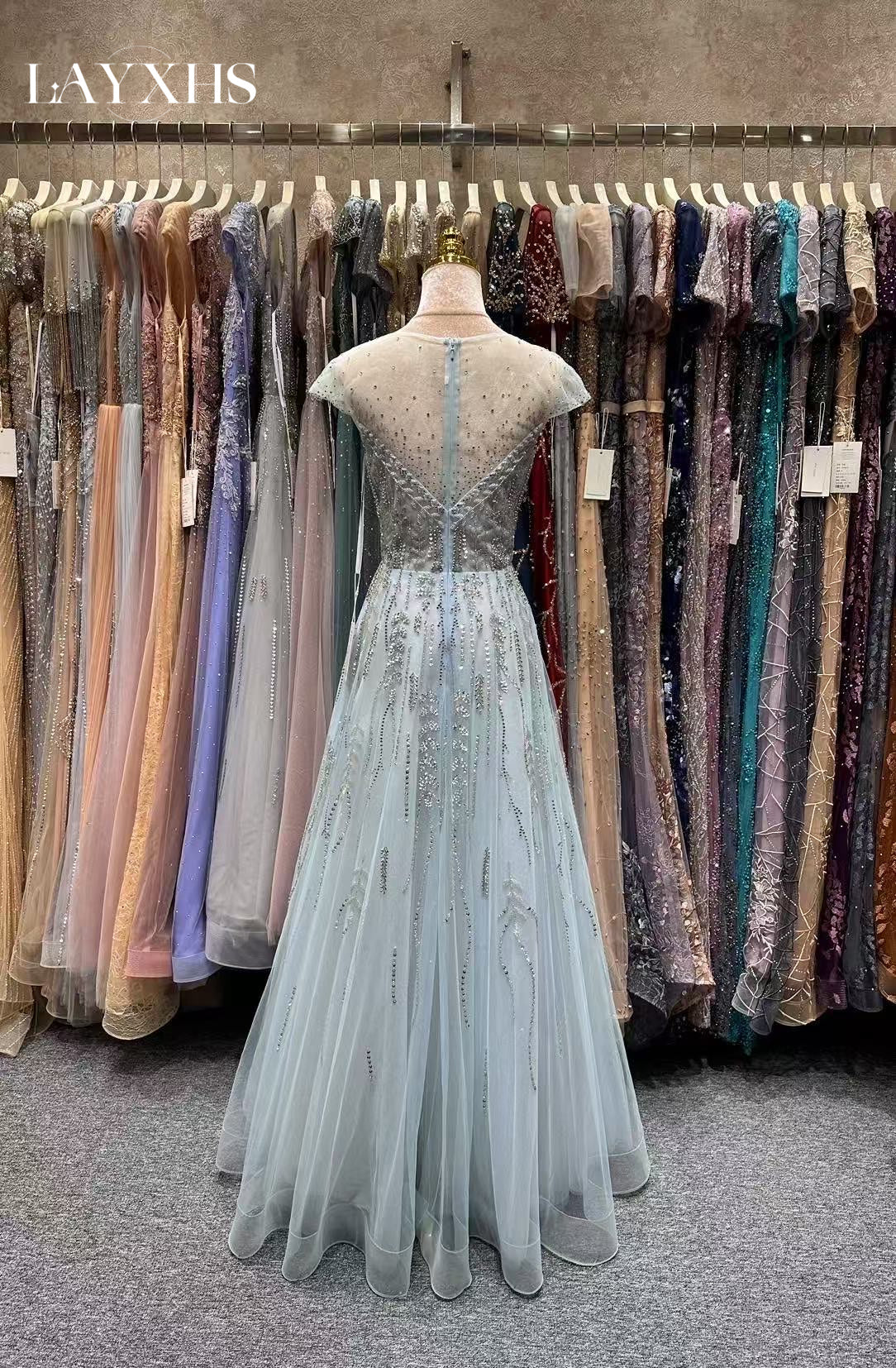 Luxury Grey Blue Beaded Scoop Neck A-Line Cap Sleeves Lace Evening Dress LP040