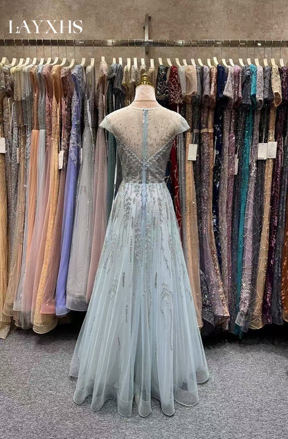 Luxury Grey Blue Beaded Scoop Neck A-Line Cap Sleeves Lace Evening Dress LP040