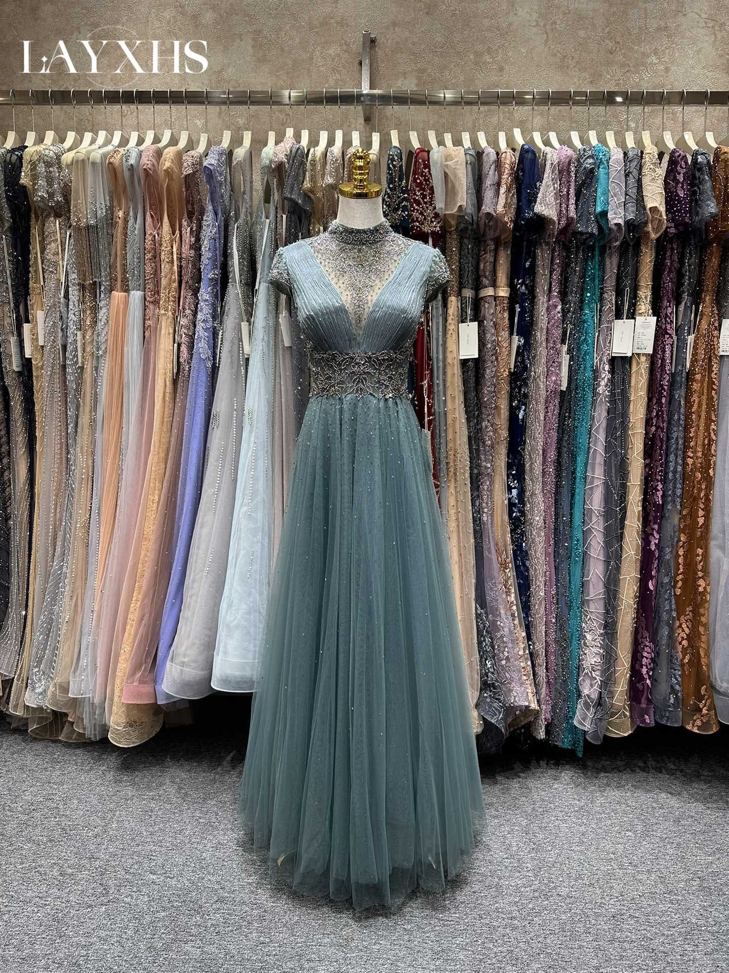 Elegant Embroidered Pink High Neck A-Line Evening Dress with Beads LP041