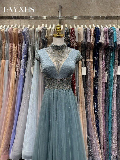 Elegant Embroidered Pink High Neck A-Line Evening Dress with Beads LP041