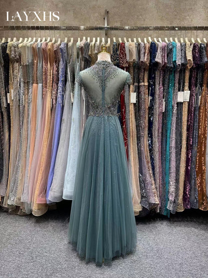 Elegant Embroidered Pink High Neck A-Line Evening Dress with Beads LP041