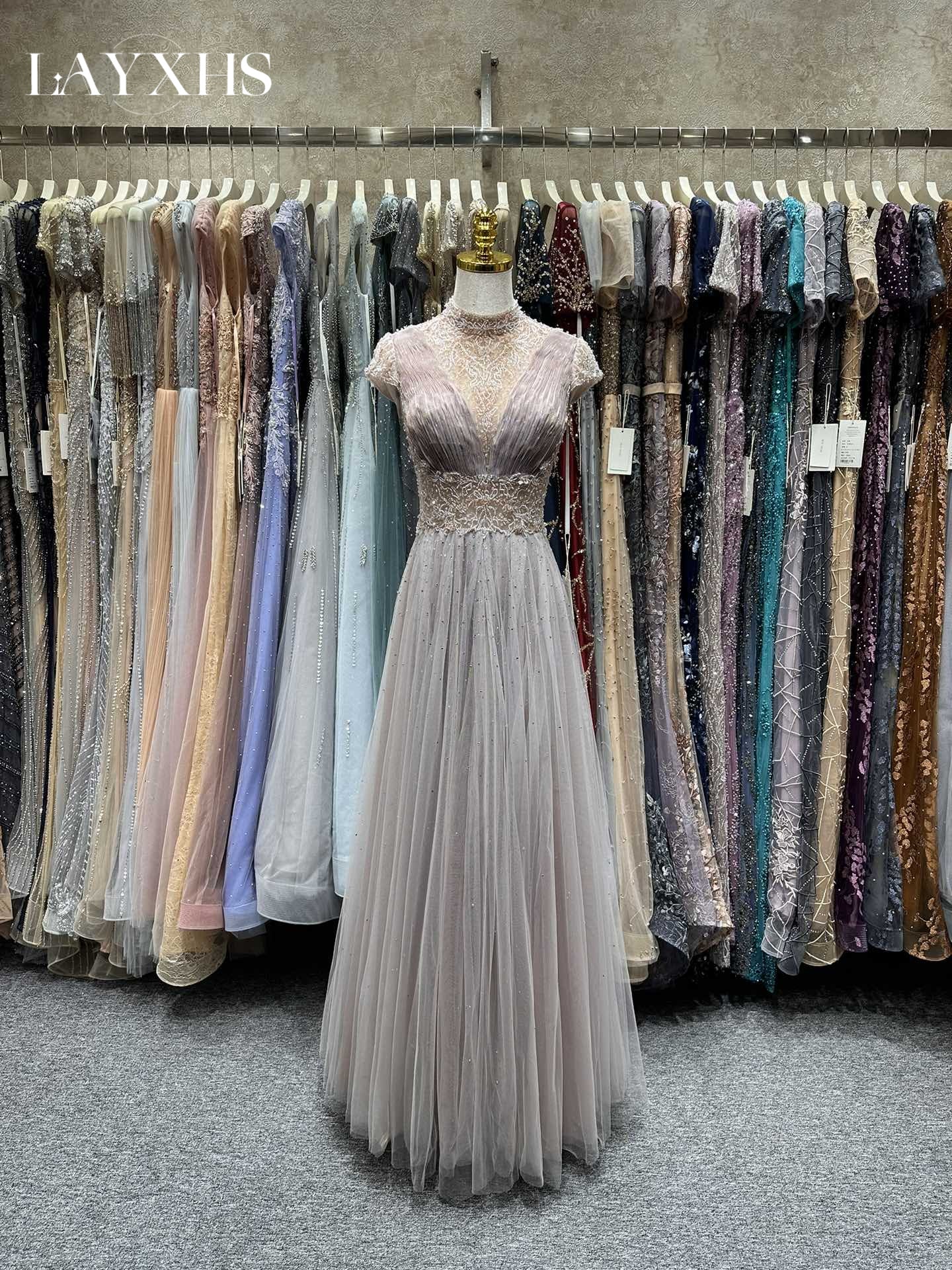 Elegant Embroidered Pink High Neck A-Line Evening Dress with Beads LP041