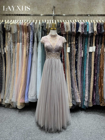 Elegant Embroidered Pink High Neck A-Line Evening Dress with Beads LP041