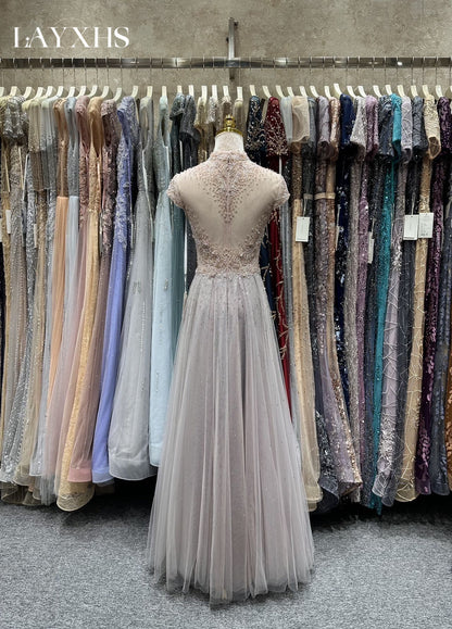 Elegant Embroidered Pink High Neck A-Line Evening Dress with Beads LP041