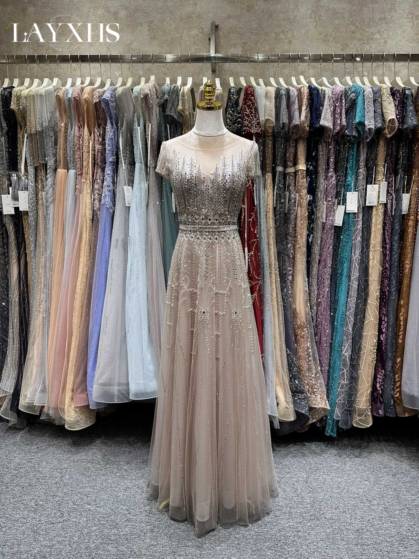 Elegant Vintage Rose Scoop Neck A-Line Sequin Lace Evening Gown with Beads LP042