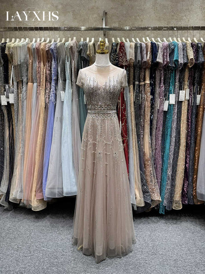 Elegant Vintage Rose Scoop Neck A-Line Sequin Lace Evening Gown with Beads LP042