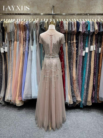 Elegant Vintage Rose Scoop Neck A-Line Sequin Lace Evening Gown with Beads LP042