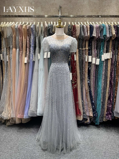 Chic Scoop Neck Short Sleeves Beaded Sheath Grey Evening Party Gown LP043