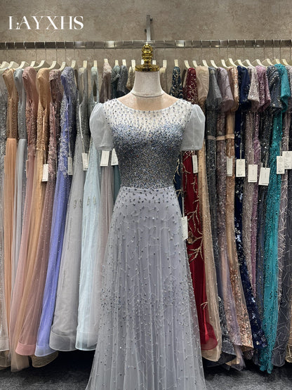 Chic Scoop Neck Short Sleeves Beaded Sheath Grey Evening Party Gown LP043