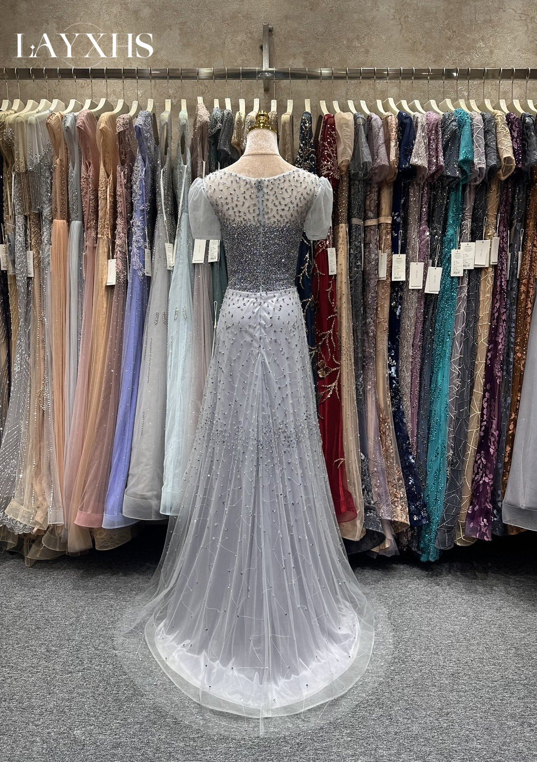 Chic Scoop Neck Short Sleeves Beaded Sheath Grey Evening Party Gown LP043