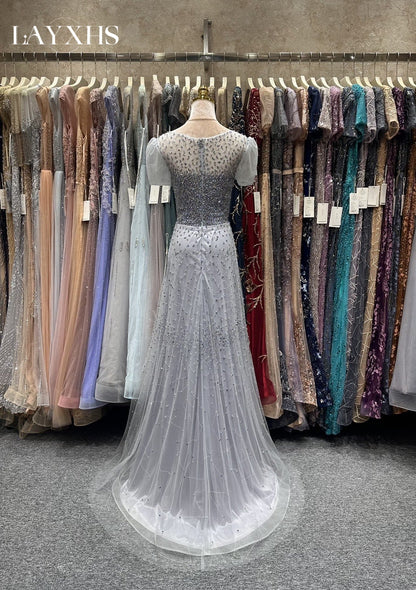 Chic Scoop Neck Short Sleeves Beaded Sheath Grey Evening Party Gown LP043