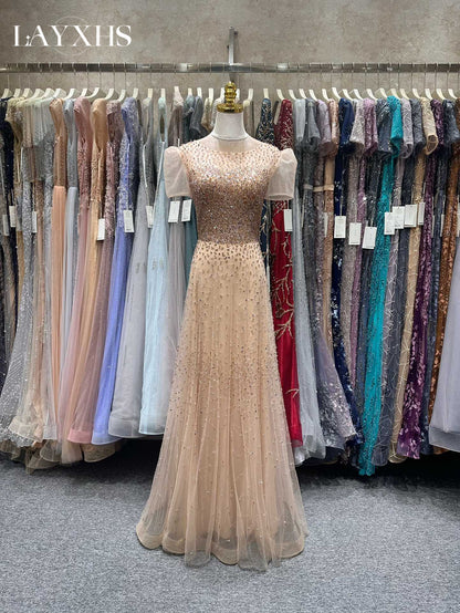 Chic Scoop Neck Short Sleeves Beaded Sheath Grey Evening Party Gown LP043