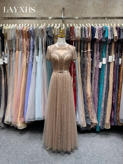 Elegant Champagne Scoop Neck A-Line Beaded Evening Prom Dress with Bow LP044