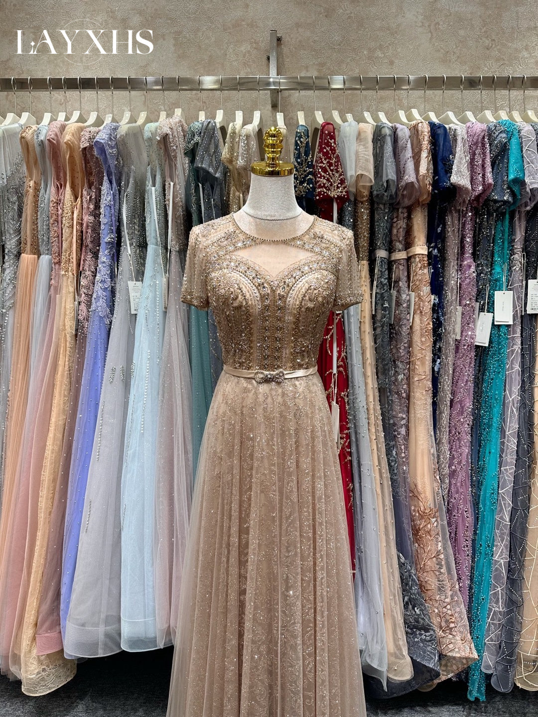 Elegant Champagne Scoop Neck A-Line Beaded Evening Prom Dress with Bow LP044