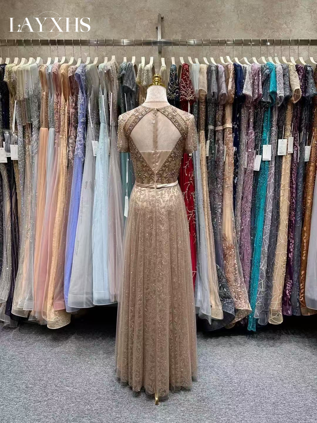 Elegant Champagne Scoop Neck A-Line Beaded Evening Prom Dress with Bow LP044