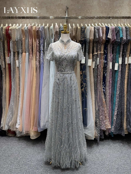 Luxury Beaded Grey A-Line Short Sleeves Sequined Lace Evening Dress LP045