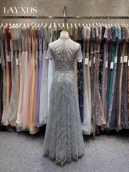 Luxury Beaded Grey A-Line Short Sleeves Sequined Lace Evening Dress LP045