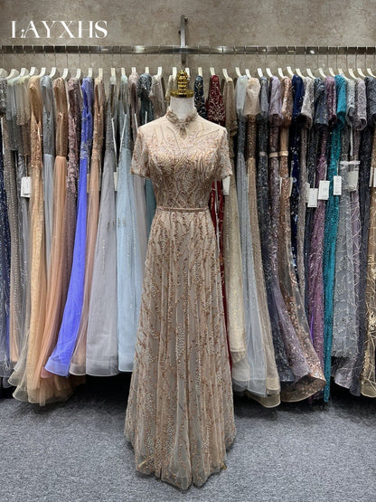 Luxury Beaded Grey A-Line Short Sleeves Sequined Lace Evening Dress LP045