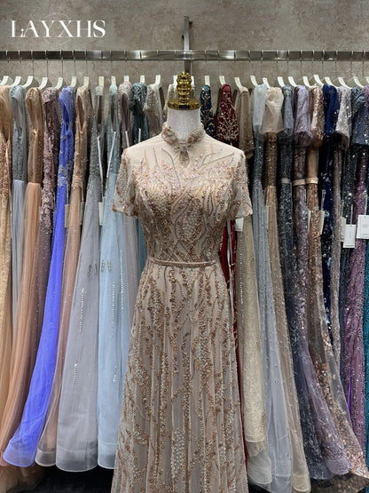 Luxury Beaded Grey A-Line Short Sleeves Sequined Lace Evening Dress LP045