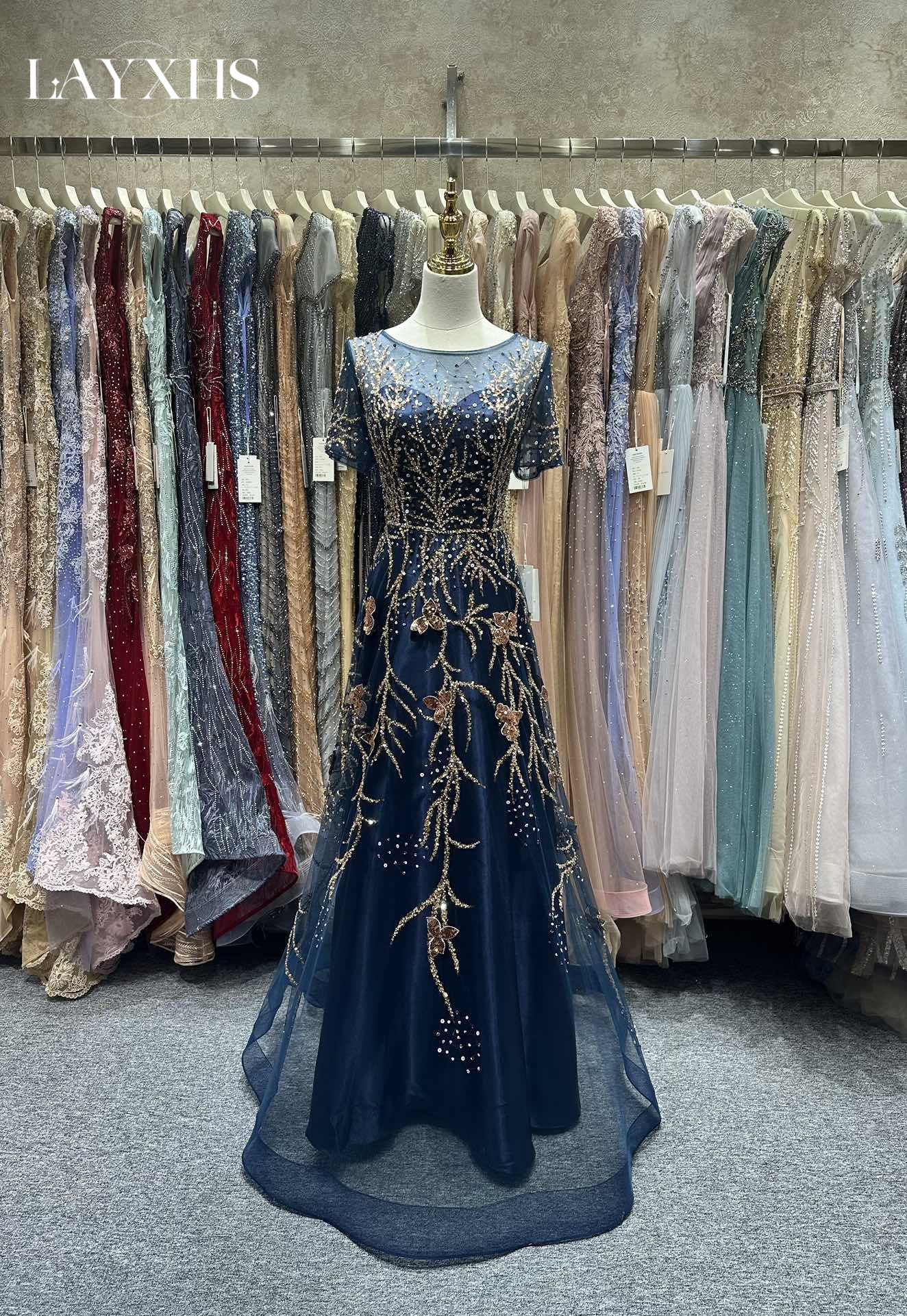 Elegant Navy Blue Scoop Neck A-Line Evening Dress with Sequined Embroidery LP046