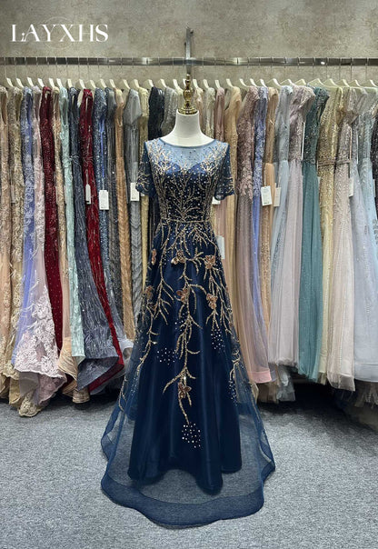 Elegant Navy Blue Scoop Neck A-Line Evening Dress with Sequined Embroidery LP046