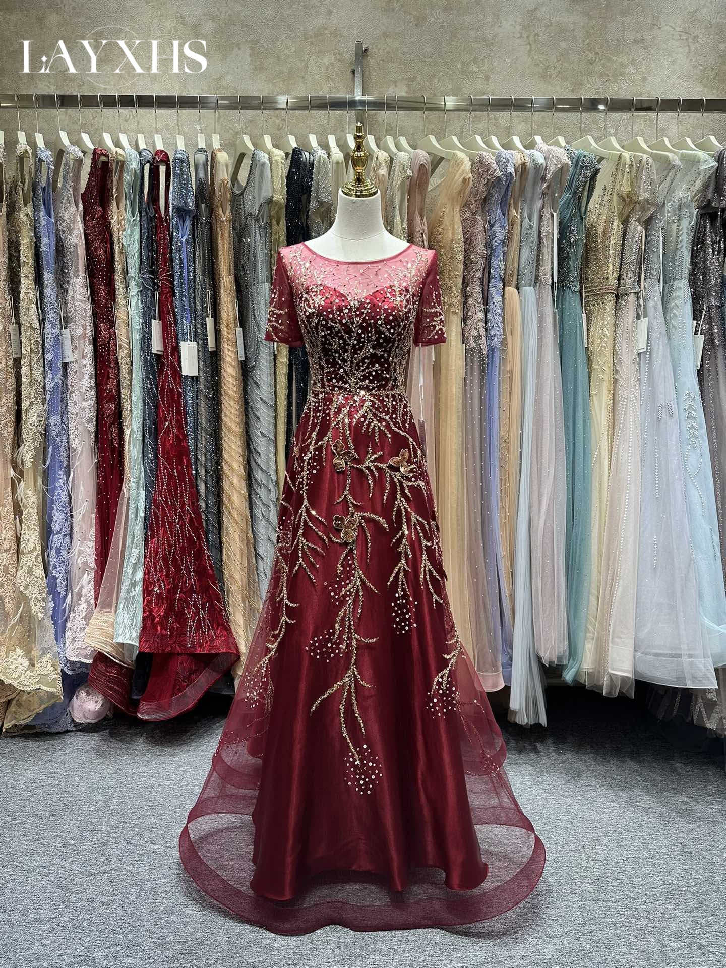 Elegant Navy Blue Scoop Neck A-Line Evening Dress with Sequined Embroidery LP046